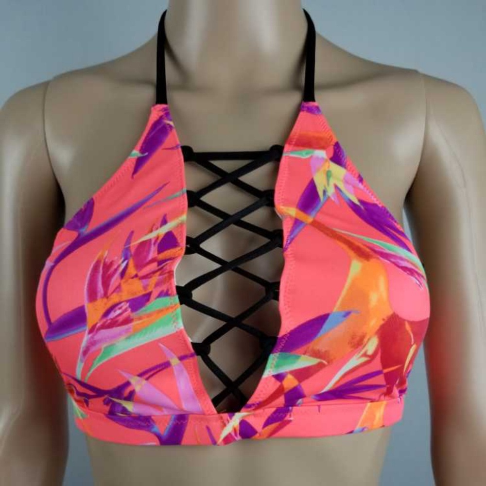 VS Pink Strappy Bikini Top-Neon Floral/Palm-SzM,L